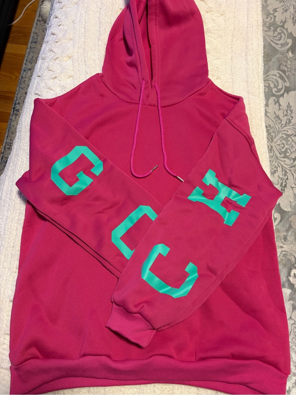 L | Hot Pink Hoodie with Teal CHICAGO Lettering